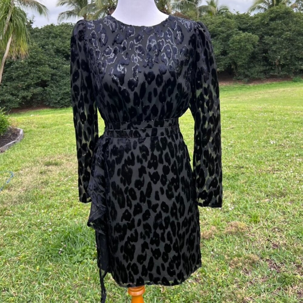 Express Black Leopard Velvet Burnout Ruffle Front Dress NWT M
